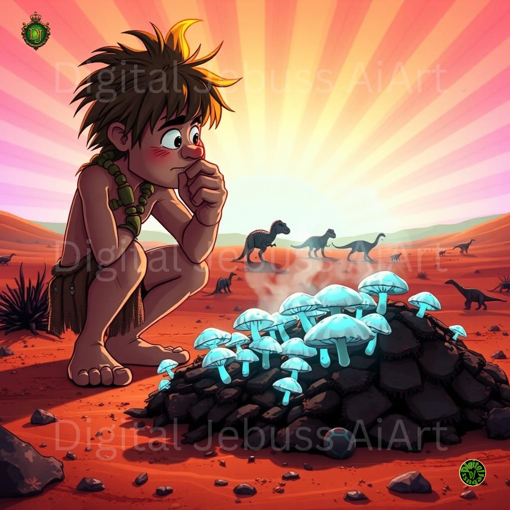 DAiStudio3's tweet photo. I Wonder, should I, they look good. #caveman #earlyman #mushroom #mushrooms #dinosaur #AIArtistCommunity #aiartcommunity #AIgeneratedart #Aigeneratedimages #AiImages #Aiart #AIprompting #Ai #digitalart https://t.co/mOlzRza8MO