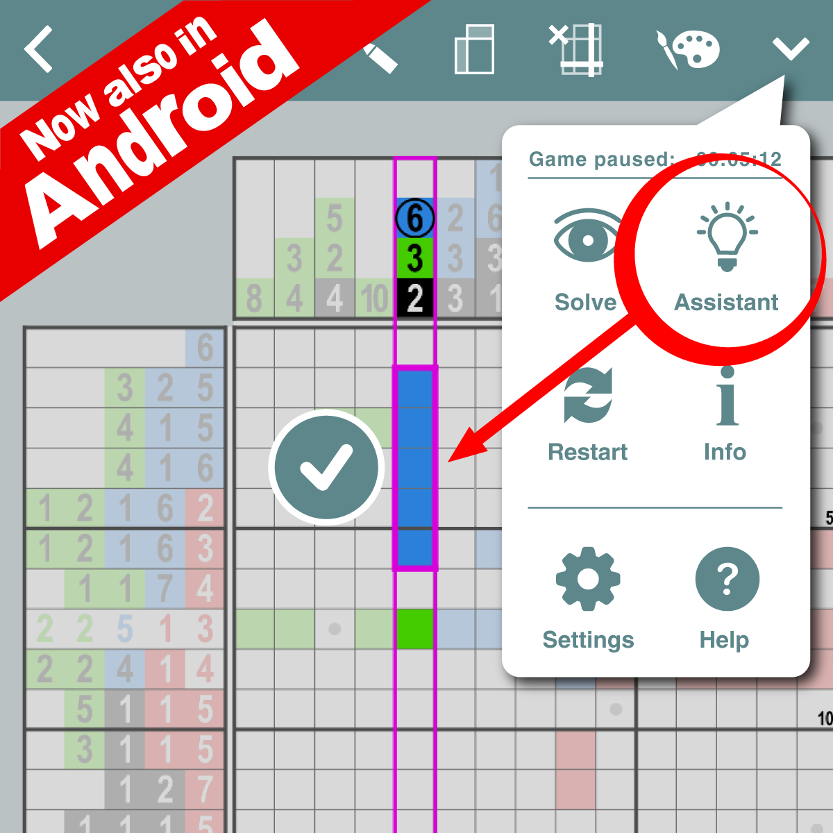 Conceptis's tweet photo. Stuck on a Pic-a-Pix puzzle? Looking for the next step? Assistant, a new feature in Pic-a-Pix for Android, will help you with as many hints as you want. Download now https://t.co/z69zXW5ON8 https://t.co/maojLn2Zjc