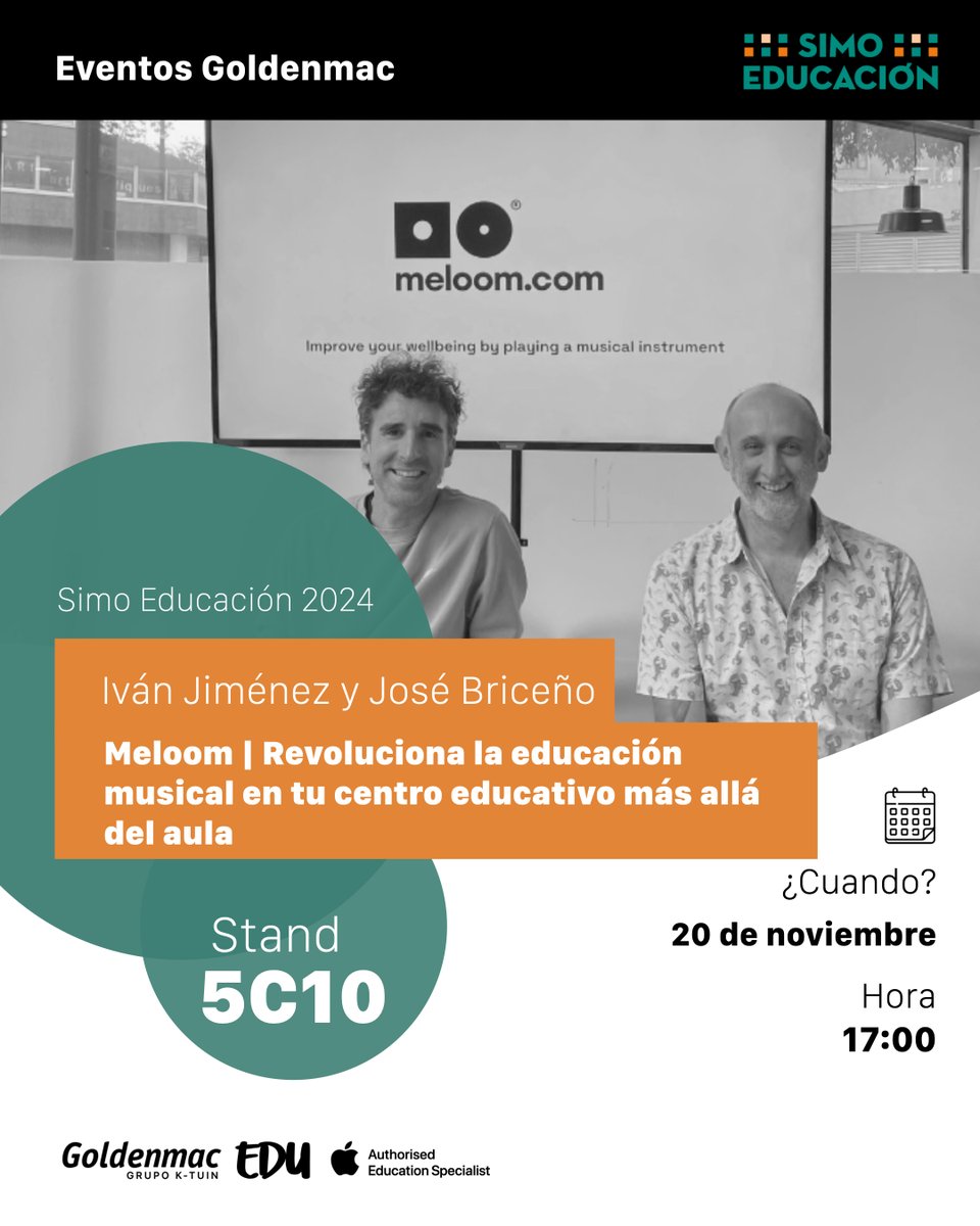 GoldenmacEDU's tweet image. 🗓️ Agenda día 2 - 20 de noviembre @simoedu_ 🗓️ - 📍 Stand 5C10.

Tarde:  
🟠 @DiegoCamposBCN  
🟠 @Meloom_Music  

📍 Stand 5C10 

¿Quieres conseguir tu entrada gratuita? 👉🏽 Mándanos tu correo por mensaje privado y te la enviamos.