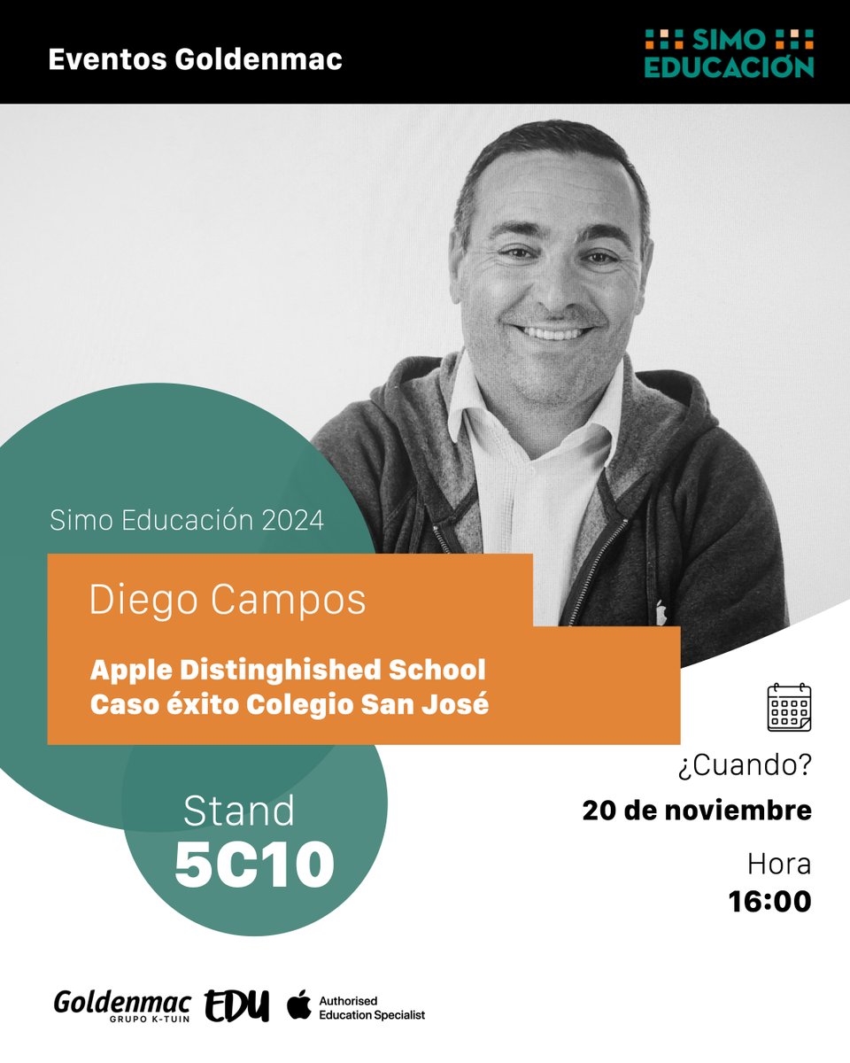 GoldenmacEDU's tweet image. 🗓️ Agenda día 2 - 20 de noviembre @simoedu_ 🗓️ - 📍 Stand 5C10.

Tarde:  
🟠 @DiegoCamposBCN  
🟠 @Meloom_Music  

📍 Stand 5C10 

¿Quieres conseguir tu entrada gratuita? 👉🏽 Mándanos tu correo por mensaje privado y te la enviamos.