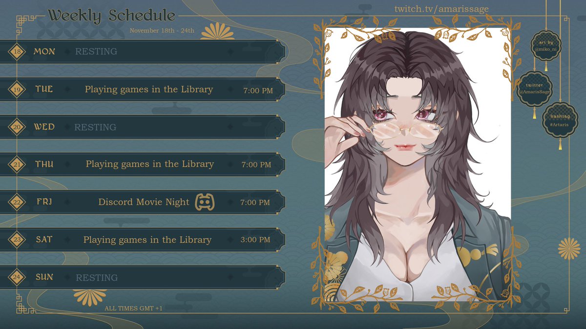 AmarisSage's tweet photo. 💚 Schedule 💚
For the week of November 18th.

#Vtuber #ENVtuber #GERVtuber https://t.co/446RAWRYnb