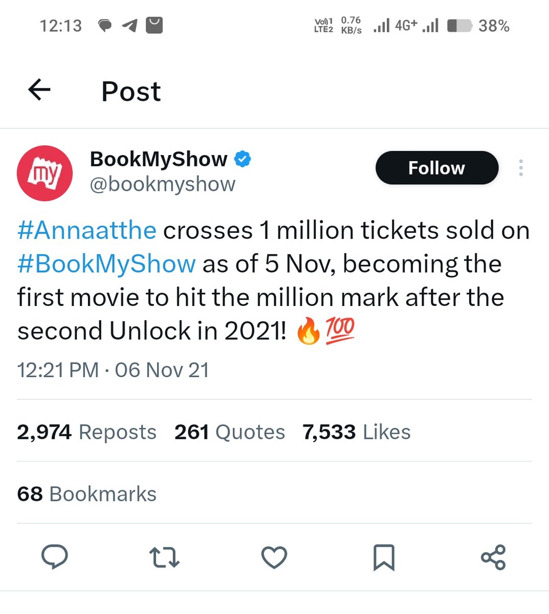 Imtweetygoose's tweet photo. #Vijay 🤡 PR team spreaded maximum -ve review for #Annaatthe 

But TN people showed middle finger to them

1M tickets booked in BMS alone in 2 days 🔥🔥🔥

#Rajinikanth | #SuperstarRajinikanth https://t.co/WRJVC23JdS