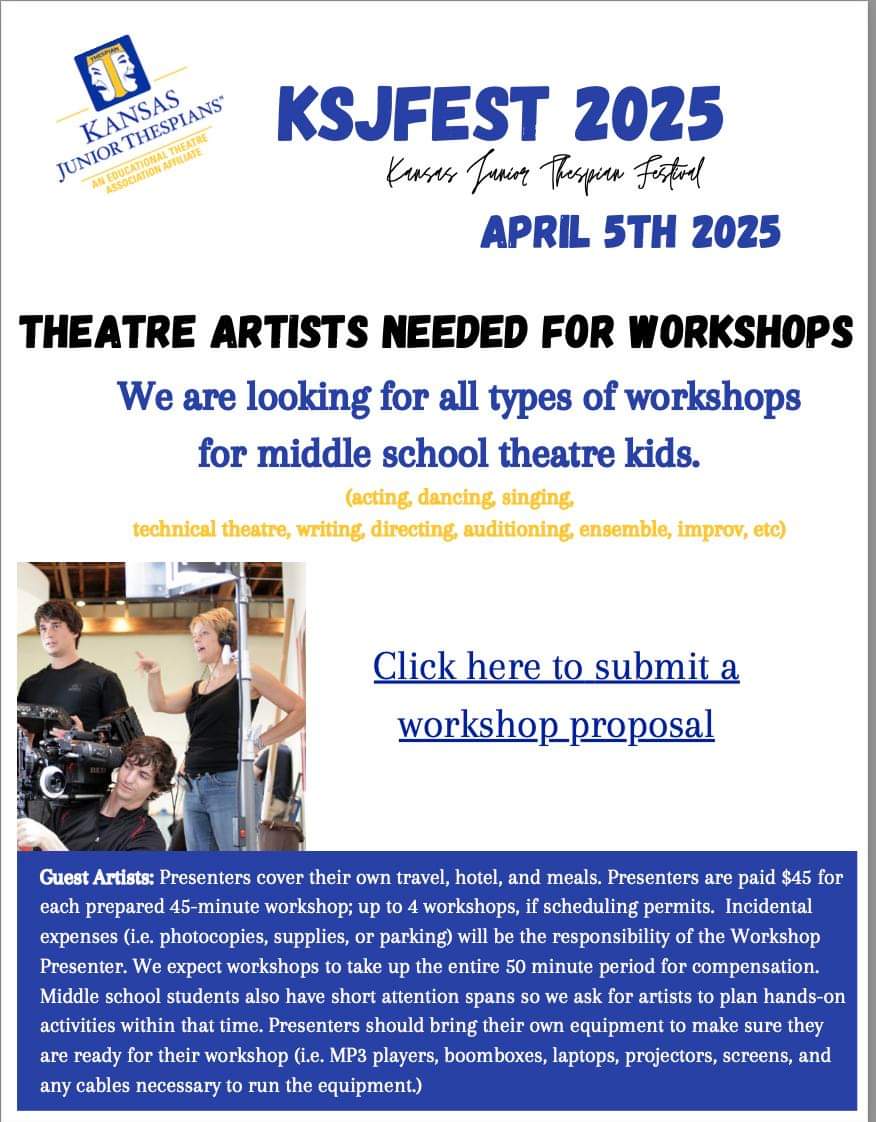 Hey Brilliant Theatre Artists! Wanna teach awesome theatre kids? Please join us April 5th for our Kansas Junior Thespian Festival.
Here is a flyer and the link to our Guest workshop proposals.  We'd love to see you there.
forms.gle/s41NLCwM3Lhp8D…