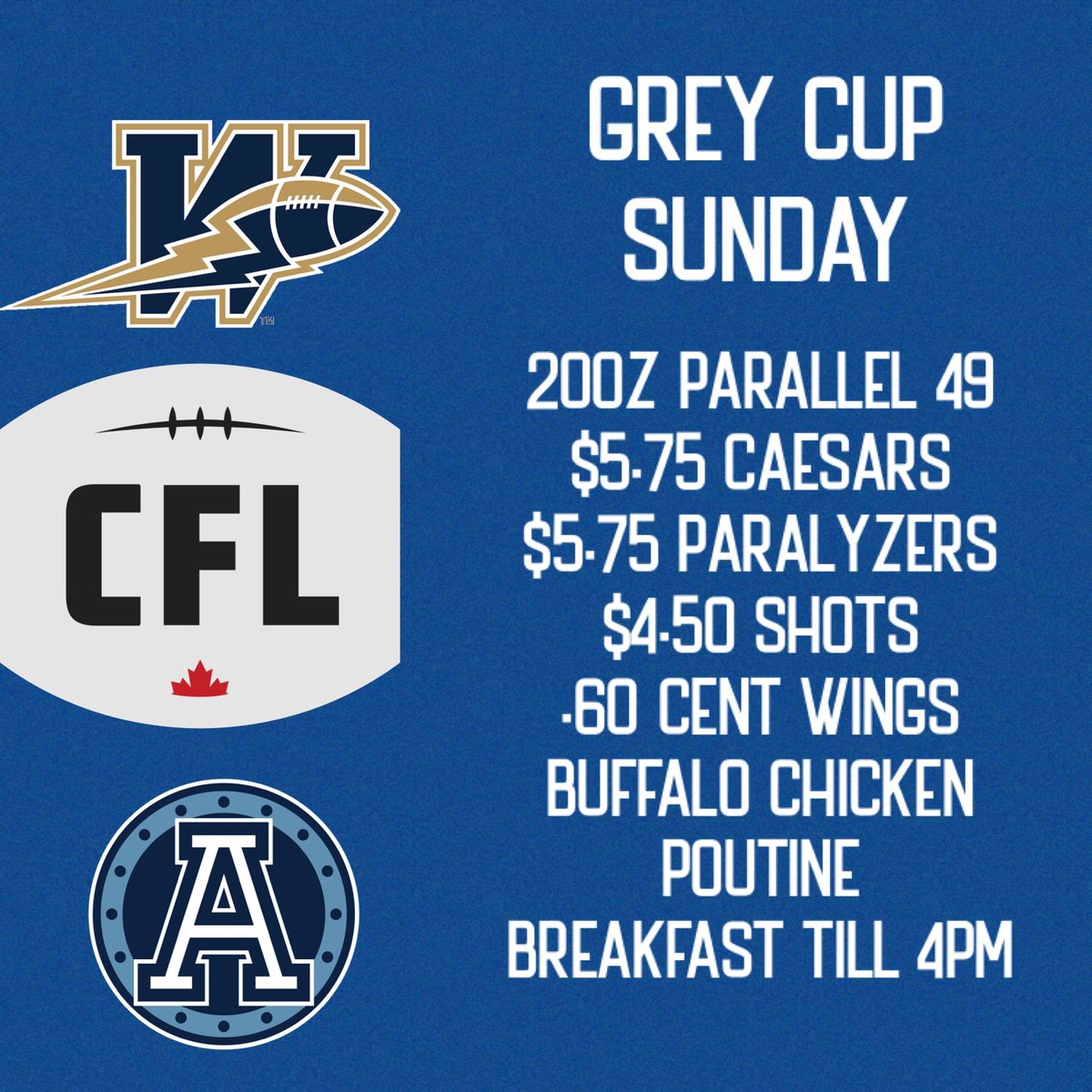 .60 cent WINGS &amp; FOOTBALL
Lots of food &amp; drink specials !