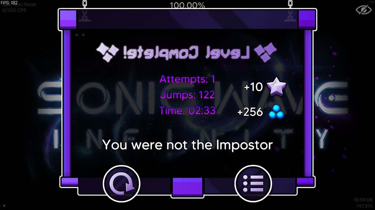 Sonic Wave Infinity 100% // 22455 Attempts // My dream achievement.

Easier than Verdant Landscape, harder than Critical Heat and Trueffet :)

I spent the entire day trying to get runs to 100%, died consistently at the last wave, went from 0%, and beat it out of nowhere?!?! WTFFF