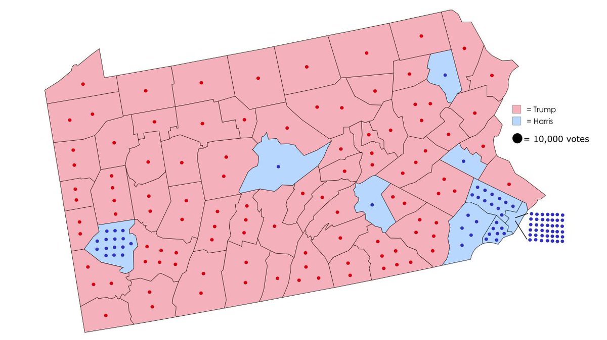 PviGuy's tweet image. #ElectionTwitter Here's a dot map of the 2024 presidential election in Pennsylvania. Trump won the state by dominating in rural counties in central and western PA, and gained in working-class areas like Scranton and Erie.