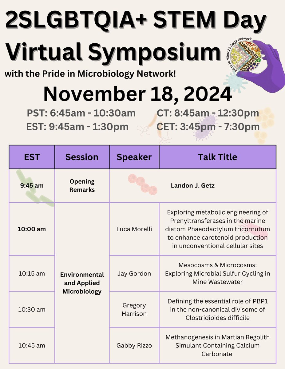 prideinmicro's tweet image. Pride in STEM Day Virtual Symposium is TOMORROW, November 18!🏳️🌈 🔬 🏳️🌈
Join us to hear from our community members and explore the science that unites us. The event will conclude with an informal Coffee Hour to connect with our global network
Register here: forms.gle/kYKJKn1CaywBzJ…