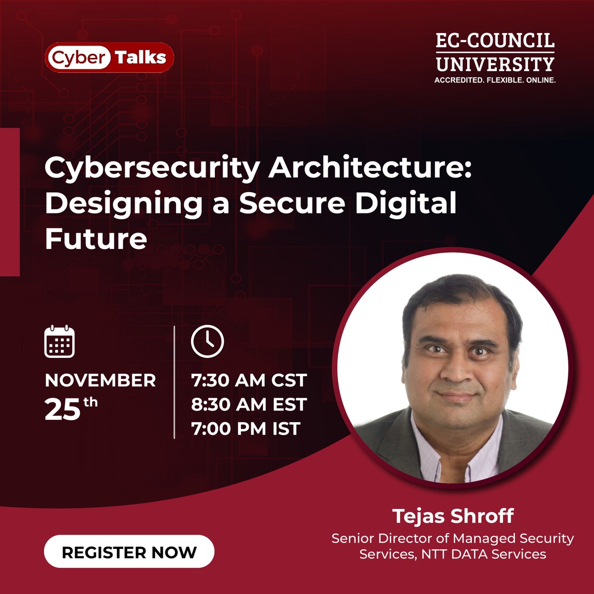 ECCOUNCIL's tweet image. On Nov. 25, Tejas Shroff will guide you through the essentials of #CybersecurityArchitecture, from #ZeroTrust principles to #LayeredDefense strategies, and illustrate how to create an agile security framework that adapts to emerging technologies. Register now:…