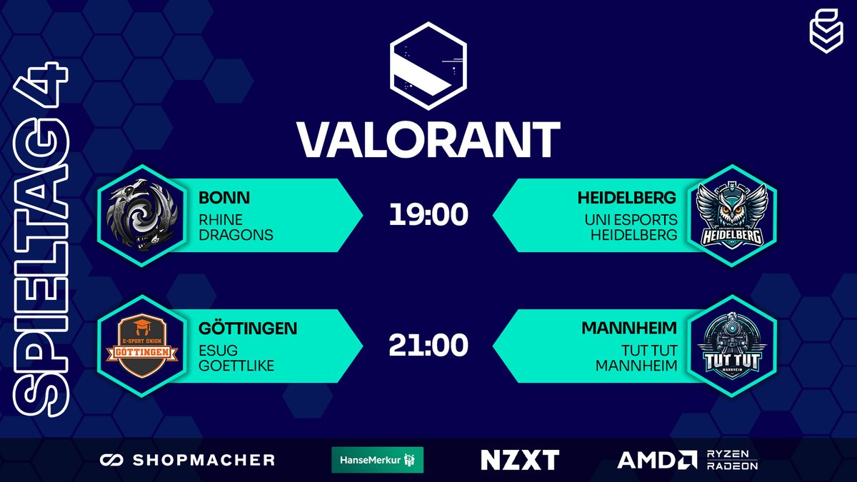 🚨VALORANT SPIELTAG🚨

🕖️19:00 Uhr - #VALORANT - 4. Spieltag
📺️twitch.tv/uniliga_aim

⚔️<a href="/RhineDragons/">Rhine Dragons</a> vs. Uni eSports Heidelberg
⚔️<a href="/esugesports/">Esport Union Göttingen</a> vs. <a href="/eSportMannheim/">eSport Uni Mannheim</a>

🎬️<a href="/johnbishop_ow/">John Bishop</a>
🎥<a href="/timonvlr/">Timon</a>
🎙️<a href="/ef_kwyjibo/">kwyjibo | Jendrik</a> &amp; <a href="/Lady_de_Rose/">Kathy x3</a>