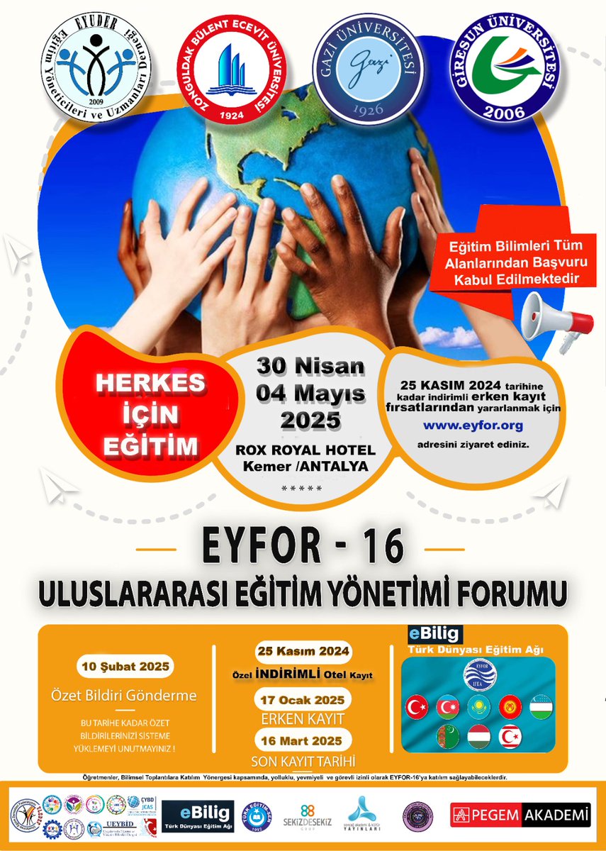Türkiyenin en büyük eğitim kongresi #EYFOR16 özel indirimli fiyatlar için son 7 gün. Yüzde 40 a yakın otel indiriminden faydalanmak için kaydınızı tamamlayınız. Özel indirimli fiyatlar sınırlı sayıda odalar için geçerlidir. 
Kayıt ve Ödeme İçin 👇
form.jotform.com/eyuder/eyfor-16