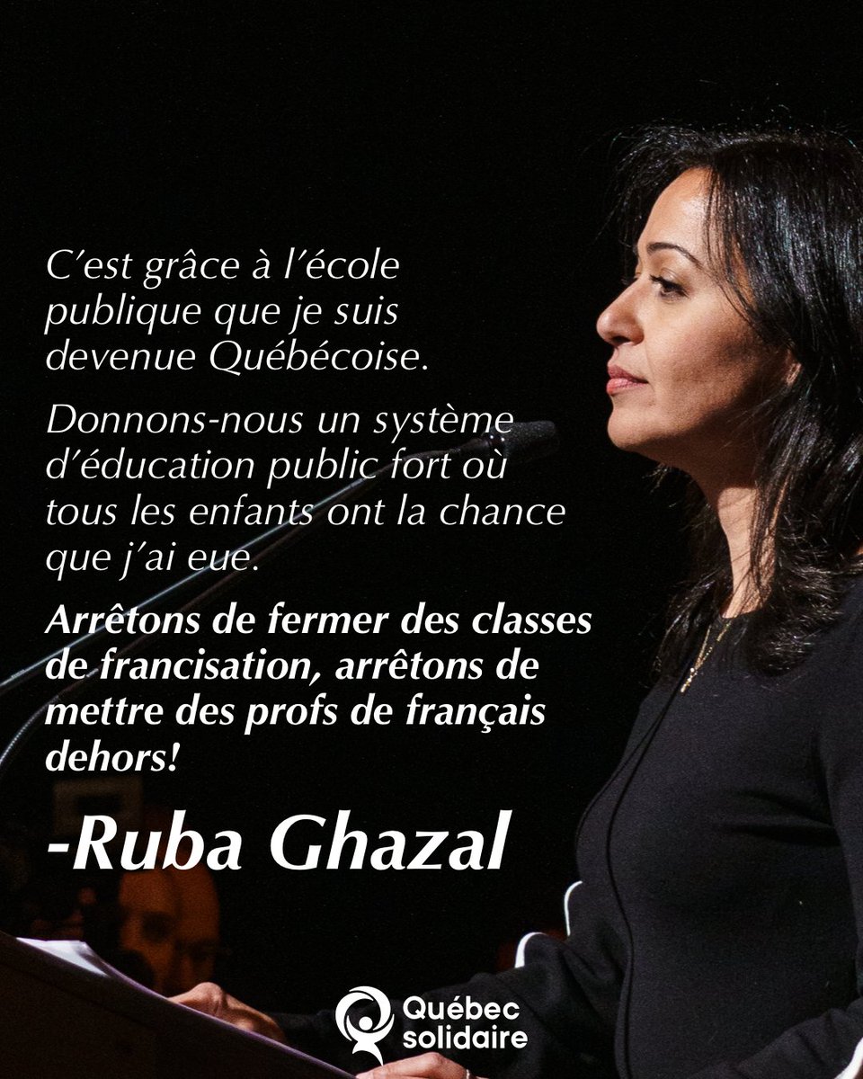 RubaGhazalQS's tweet image. C’est grâce à l’école publique que je suis devenue Québécoise, c’est pour ça que ça m’indigne autant de voir le gouvernement couper dans les classes de francisation.

Pour l’avenir de notre belle langue française, il faut faire l’inverse de ce que fait la CAQ.

#Polqc