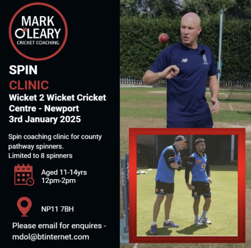 Mark O'Leary (@sparkyoleary1) on Twitter photo Spin Clinic in Newport South Wales 👀
🗓️ Friday 3rd Jan 2025
⏰ 12pm - 2pm
📍 <a href="/wicket2wicket/">wicket2wicket</a> - Newport
Please contact for details. Spin Clinic in Newport South Wales 👀
🗓️ Friday 3rd Jan 2025
⏰ 12pm - 2pm
📍 <a href="/wicket2wicket/">wicket2wicket</a> - Newport
Please contact for details.