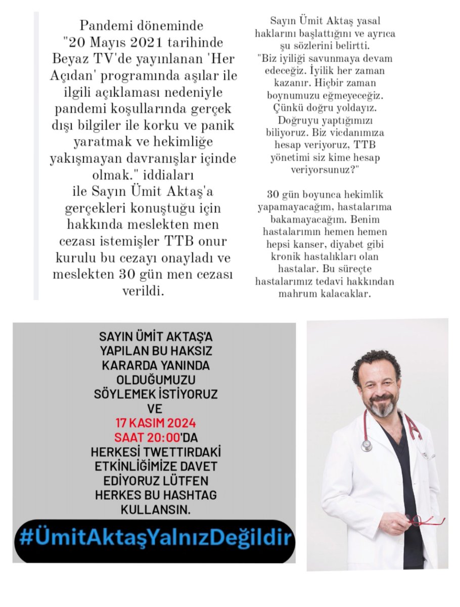 Ümit Aktaş hocamız gibi değerli bir hekime haksızlık yapılmasını kınıyoruz !
#ÜmitAktaşYalnızDeğildir
Arkadaşlar bu akşam ve bir hafta boyunca twettırda Ümit Aktaş hocamız için paylaşım yapacağız lütfen destek #ÜmitAktaşYalnızDeğildir
hashtag ile hocamıza destek olsun 
Başladık.