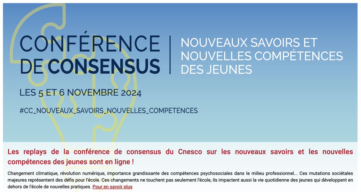 🧑‍🏫 #Enseigner | Tous niveaux

🔶 Conférence de consensus « Nouveaux savoirs et nouvelles compétences des jeunes » @Cnesco : les captations vidéo sont en ligne

Présentation 👉 cnesco.fr/fr/savoirs-et-…
Programme 👉 cnesco.fr/wp-content/upl…
Captations vidéo 👉 youtube.com/playlist?list=…