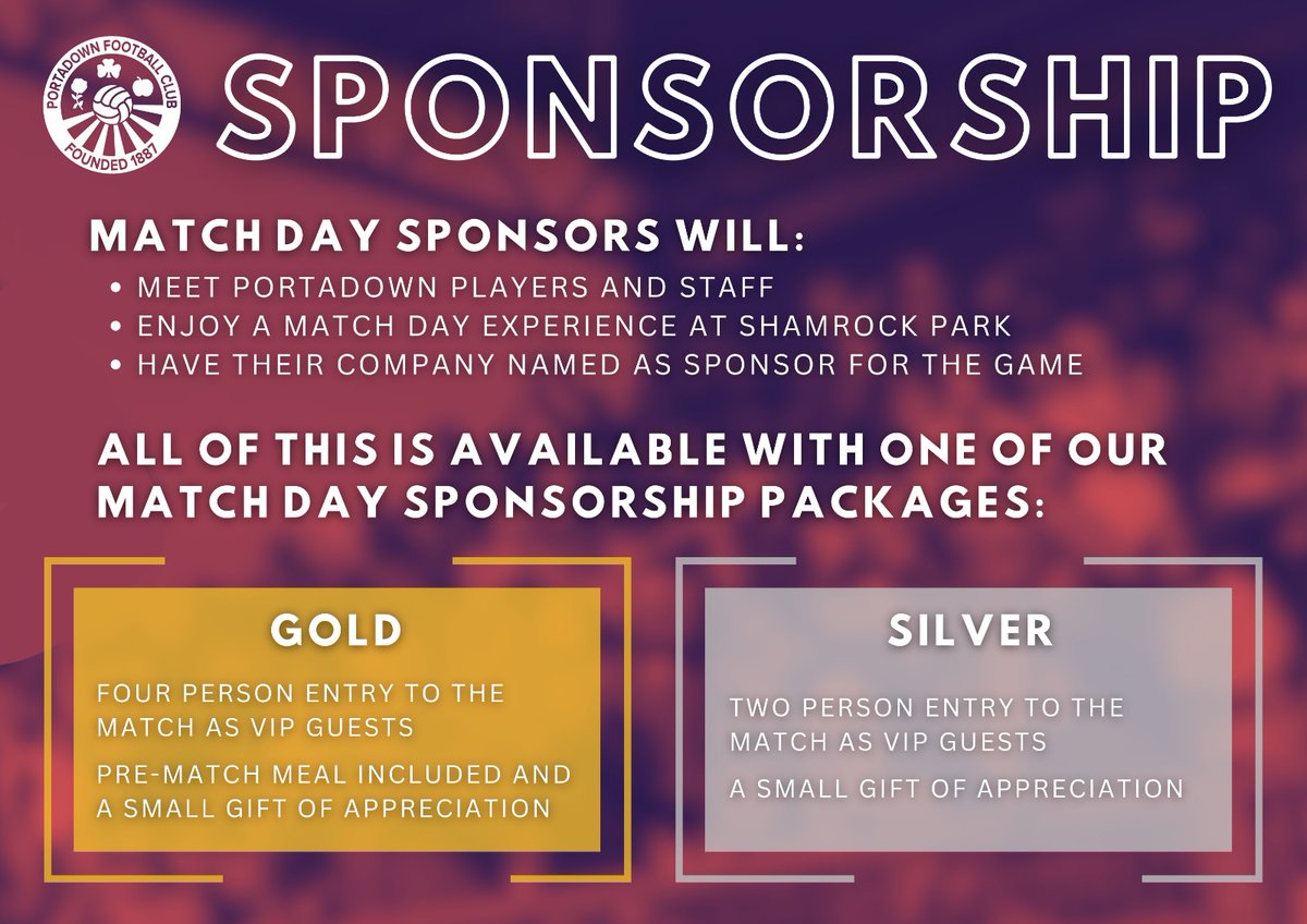 Portadownfc's tweet image. 𝙋𝙤𝙧𝙩𝙖𝙙𝙤𝙬𝙣 𝙫 𝙂𝙡𝙚𝙣𝙖𝙫𝙤𝙣 | 𝙈𝙖𝙩𝙘𝙝 𝙎𝙥𝙤𝙣𝙨𝙤𝙧𝙨𝙝𝙞𝙥

Sponsorship opportunities are available for Saturdays game against Glenavon - with over 45k followers via our social media channels what better way to promote your brand

📧 clubsecretary@portadownfc.com