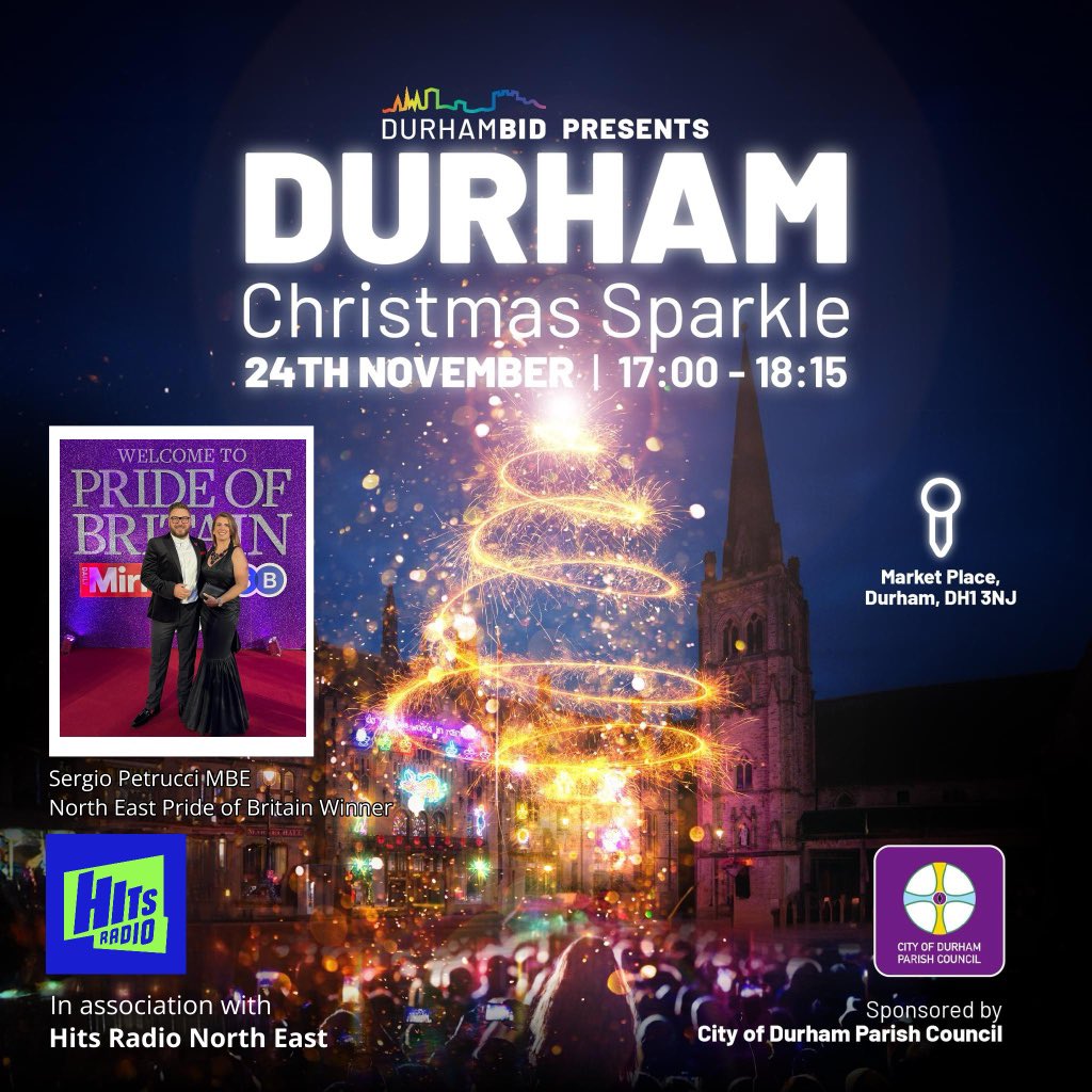 1 WEEK TO GO! for a very merry ‘Durham Christmas Sparkle' event!✨  @HitsNorthEast 
and <a href="/PrideOfBritain/">Pride of Britain</a> <a href="/PetrucciSergio/">Sergio Petrucci MBE ❤️</a> - (he’s one of our own!) will be switching on the Lights.
5pm to 6.15pm 
Market Place #Durham <a href="/DurhamBID/">Life InDurham by Durham BID</a> with the support of <a href="/DurhamCouncil/">Durham County Council</a>