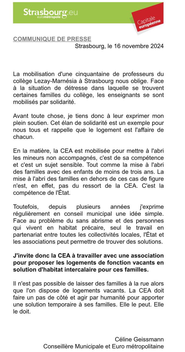 Pq le devoir de solidarité ne doit pas se perdre dans les méandres des compétences de nos collectivités, j'ai demandé à la CEA de faire un pas de côté et de mettre à l'abris les familles qui occupent le collège Lezay-Marnésia. Elle le peut. Elle le doit. <a href="/F_Bierry/">Frédéric BIERRY</a>  #Strasbourg