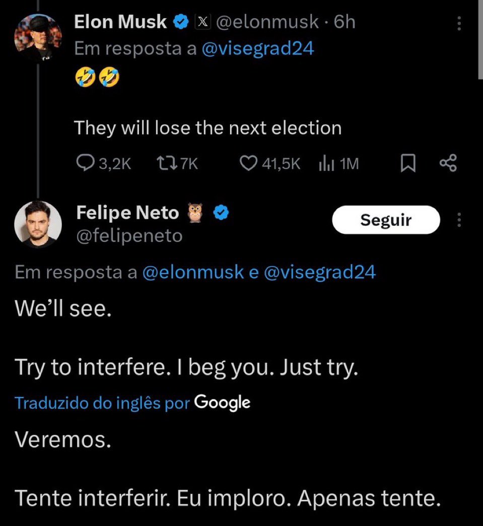 Felipe Neto a ameaçar o Elon Musk algo que nunca viste.