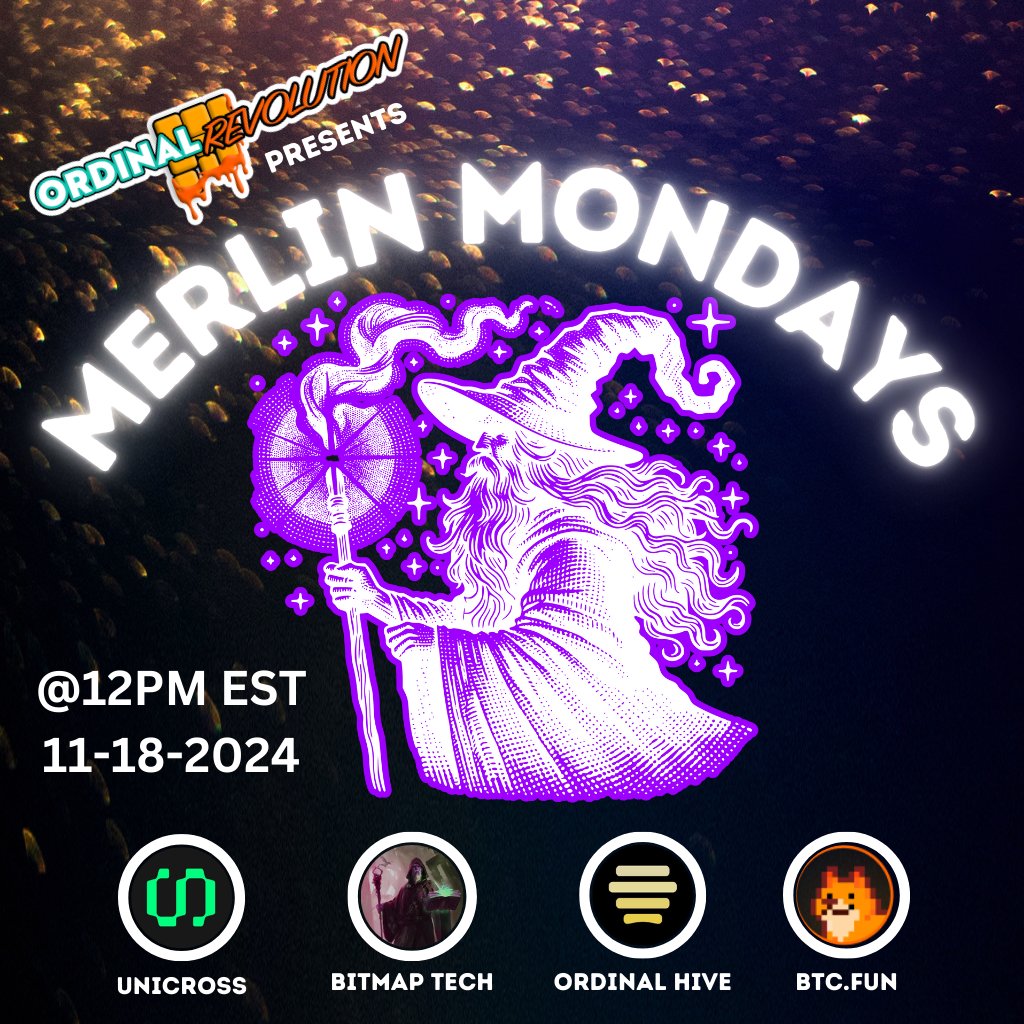 Make sure to catch our Merlin Mondays segment this week 11-18-2024 @12PM EST! 

There will be some big announcements regarding a new project with it's launch right around the corner!  <a href="/MerlinLayer2/">Merlin Chain</a> <a href="/btcdotfun/">BTC.Fun</a> <a href="/UniCrossGlobal/">UniCross</a> <a href="/ordinalhive/">OrdinalHive</a> <a href="/BitmapTech/">Bitmap Tech - Merlin🔮🧙</a>
#MerlinChain #BitcoinEcosystem