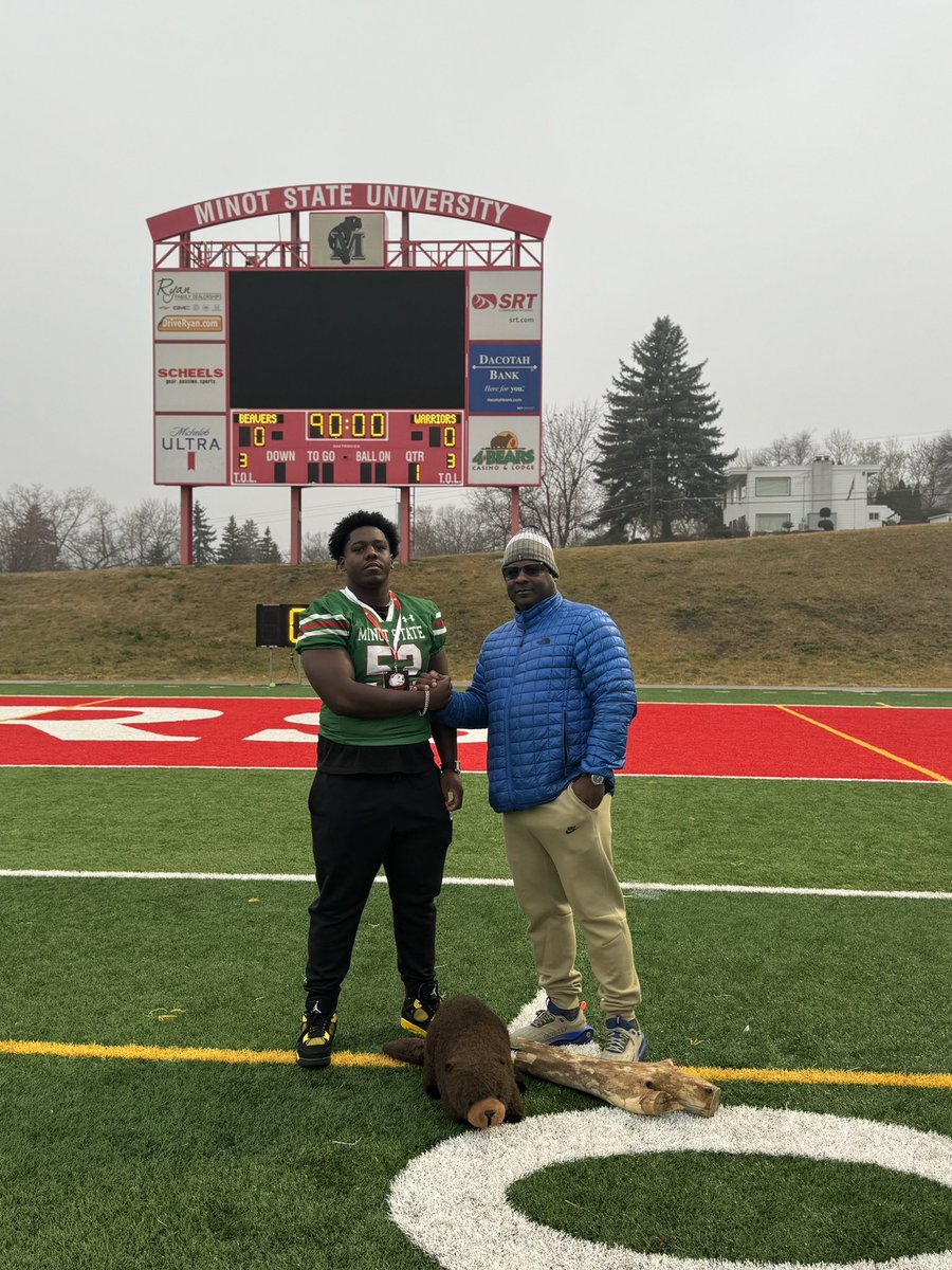 Big shout out to <a href="/MSUBeaversFB/">Minot State Football</a> on a big win for senior night. Thank you <a href="/CoachJay98/">Jeremiah Elisha Johnson</a> <a href="/CoachFam/">Coach Mike Famiglietti “Fam”</a> <a href="/coachshields/">Ian Shields</a>  for inviting me and my dad to watch and see the amazing program that is being built. #GoBeavers.