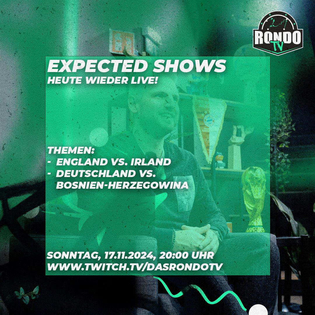 Wir sind heute wieder live! 🔥

Heute kümmern wir uns um den Kantersieg Deutschlands gegen Bosnien-Herzegowina und die Partie England gegen Irland.

⏰ 20:00 auf twitch.tv/dasrondotv