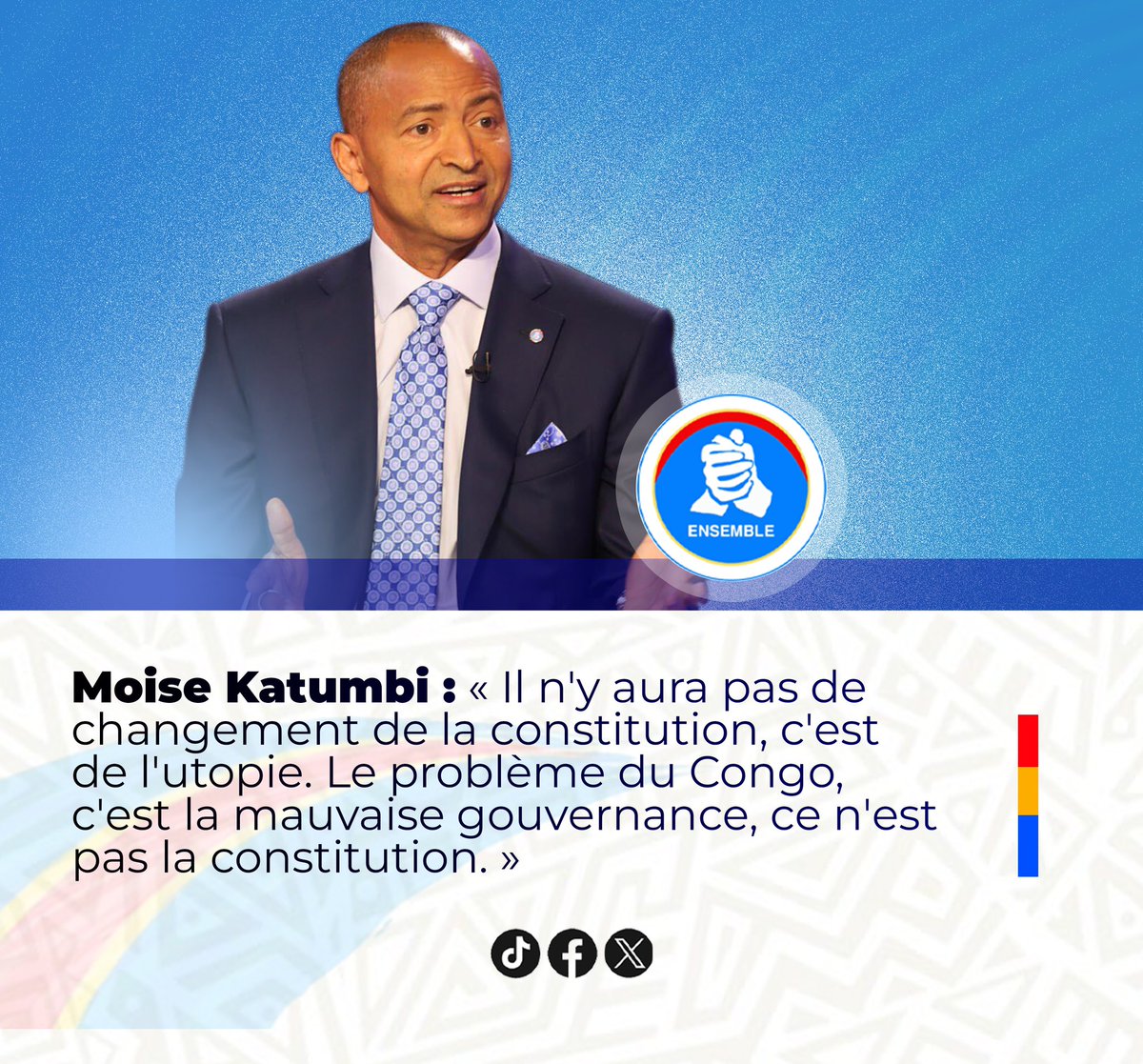 PrMatofali's tweet photo. RDC - Projet de changement ou de modifications de la #Constitution par le regime @fatshi13 : «Qui vivra,verra. Il n'y aura pas de changement de la constitution, c'est de l'utopie. Le problème du Congo, c'est la mauvaise gouvernance, ce n'est pas la constitution; le Pr @moise_katumbi . »