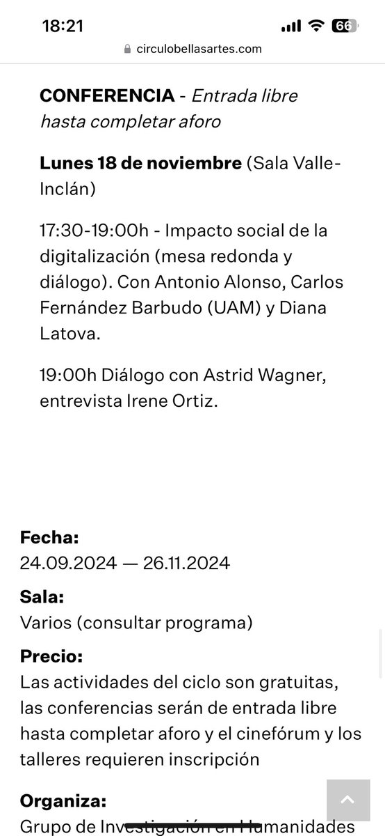 Mañana seguimos con el Otoño Climático en el <a href="/cbamadrid/">Círculo de Bellas Artes - Casa Europa</a> y a las 19:00, después de la mesa redonda sobre el impacto social de la digitalización, charlaré con <a href="/AstridW_CSIC/">Astrid Wagner</a> sobre los desafíos de la digitalización y las rrss para las democracias. ¡Entrada libre!