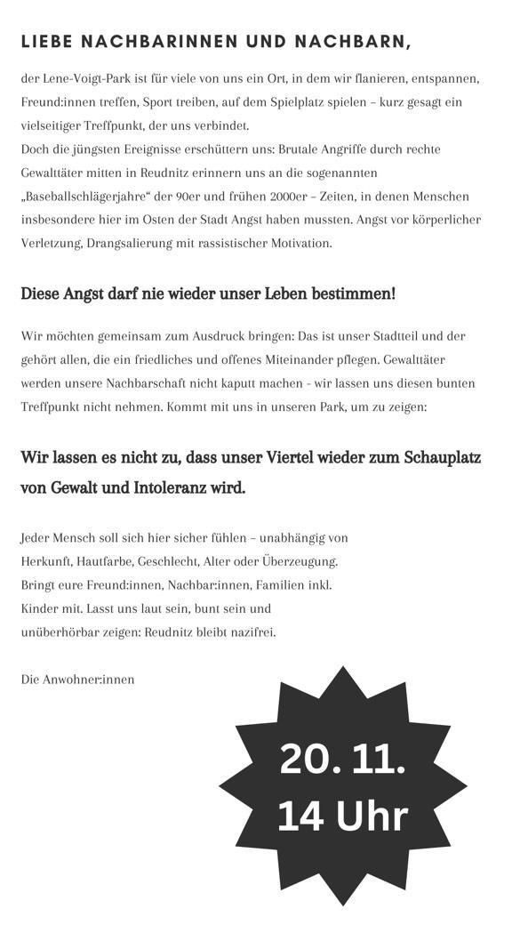 EviSmokes's tweet photo. An alle aus #Leipzig ⬇️
Am Mittwoch, 20.11.24 um 14 Uhr im Lene-Voigt-Park in #Leipzig ⬇️
Nach den Angriffen in den letzten Monaten findet folgende Demo statt:
Keine Chance für rechte Gewalt!
#SolidarischgegenrechteGewalt ✊️
Bitte um RT für Reichweite 🙏
#FCKNZS
#le2011 https://t.co/Lrg8V1HXPb