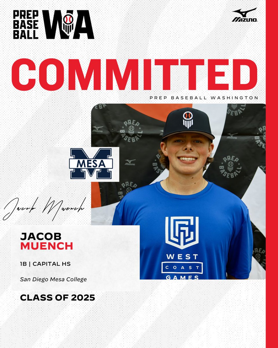 🚨 𝐂𝐎𝐌𝐌𝐈𝐓𝐌𝐄𝐍𝐓 𝐔𝐏𝐃𝐀𝐓𝐄 🚨

'25 1B Jacob Muench (Capital) has committed to San Diego Mesa College #SDMesaAthletics

Made a recent commitment? Let us know on your profile. Graphics are created once commitments are verified.