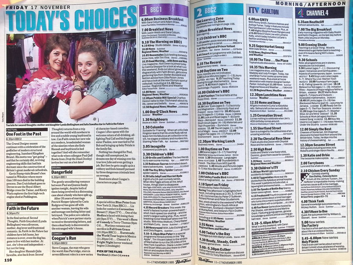TvDidYouSee's tweet photo. #OnThisDay 17 November 1995 📺TV
#TimVincent takes BLUE PETER on location to New York.
The sequel to #LyndaBellingham's Second Thoughts, FAITH IN THE FUTURE, begins.
#SteveCoogan, #JohnThomson and #SandraGough star in the first of COOGAN'S RUN.
Taking a World Tour, EUROTRASH. https://t.co/8BGiq1HfGH