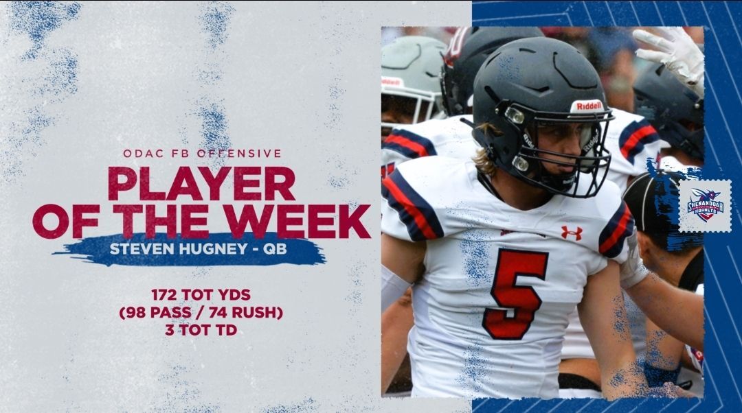 Congratulations to @suhornetsfb QB Steven Hugney for being named this week's ODAC Football Offensive Player of the Week!!

Hugney accounted for 3 of the 4 team's touchdowns in the 28-21 victory over W&amp;L that propelled the Hornets into the postseason!

#GoSUHornets