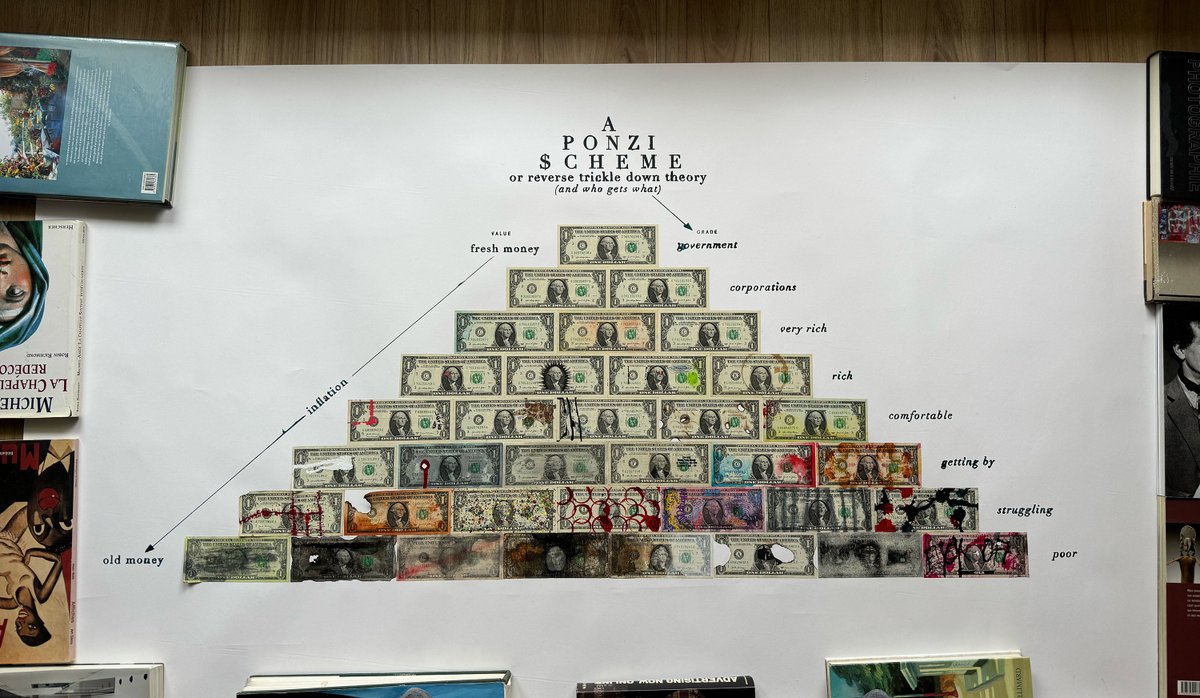 .           A
     P O N Z Y
$  C  H  E  M  E

ink &amp; one dollar bills, 2024

finished a piece depicting the effects of degradation on paper dollar value as it makes its way from fresh money to old money and throughout the classes, or reverse trickle down theory

#degradations