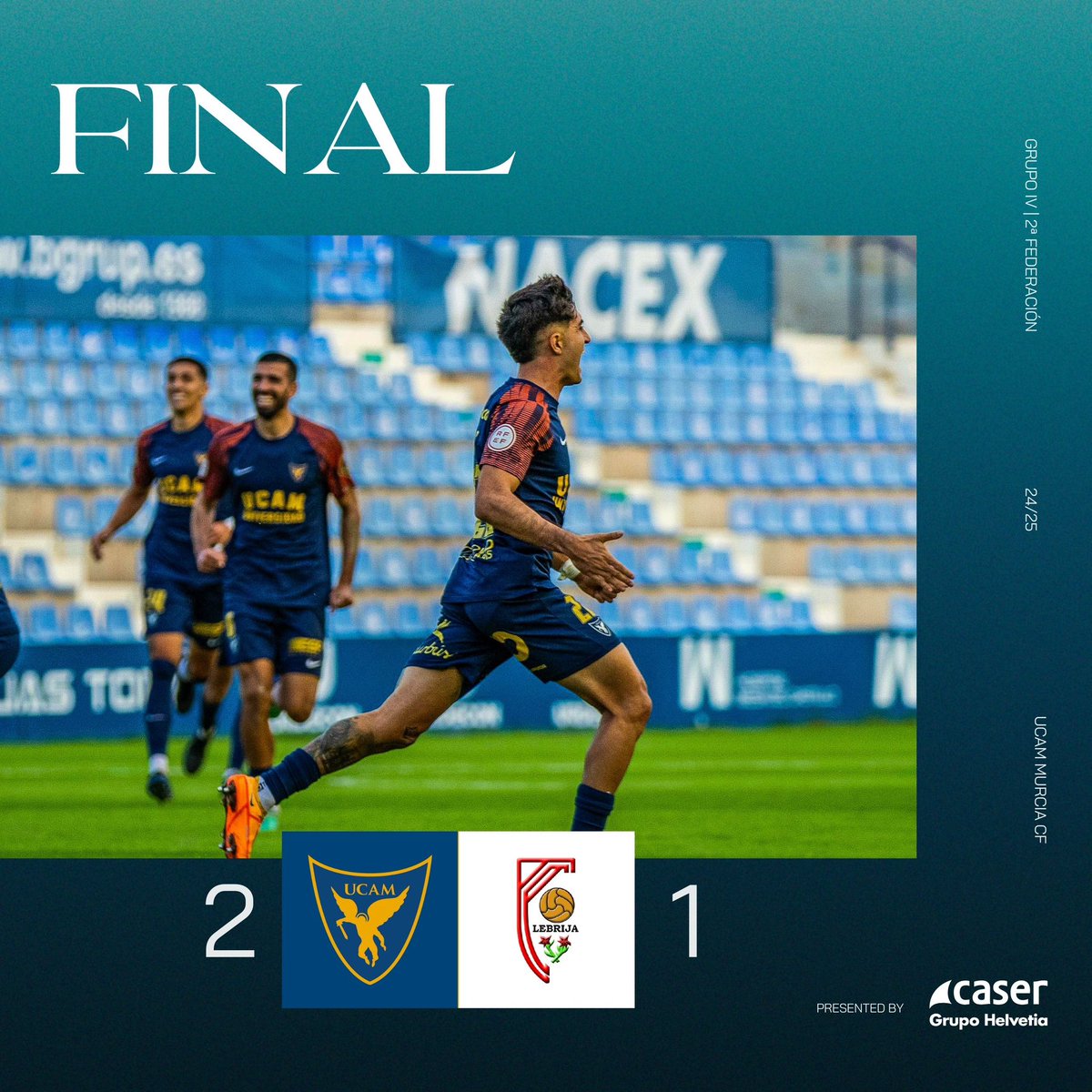 UCAMMurciaCF's tweet photo. ⌚️ 90’ |2️⃣1️⃣ ¡Final! 

¡VICTORIA para volver a ser LIDERES! 

🏟️ Estadio BeSoccer La Condomina. 
Ñññ

⭐️  Partido @caser. 

#UCAMMurciaAtlAntoniano | Jornada 12 https://t.co/V7EGbtAREI