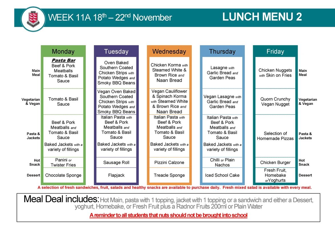 Lunch menu <a href="/PenistoneGS/">Penistone Grammar School</a> for week commencing Monday 18th November 😋