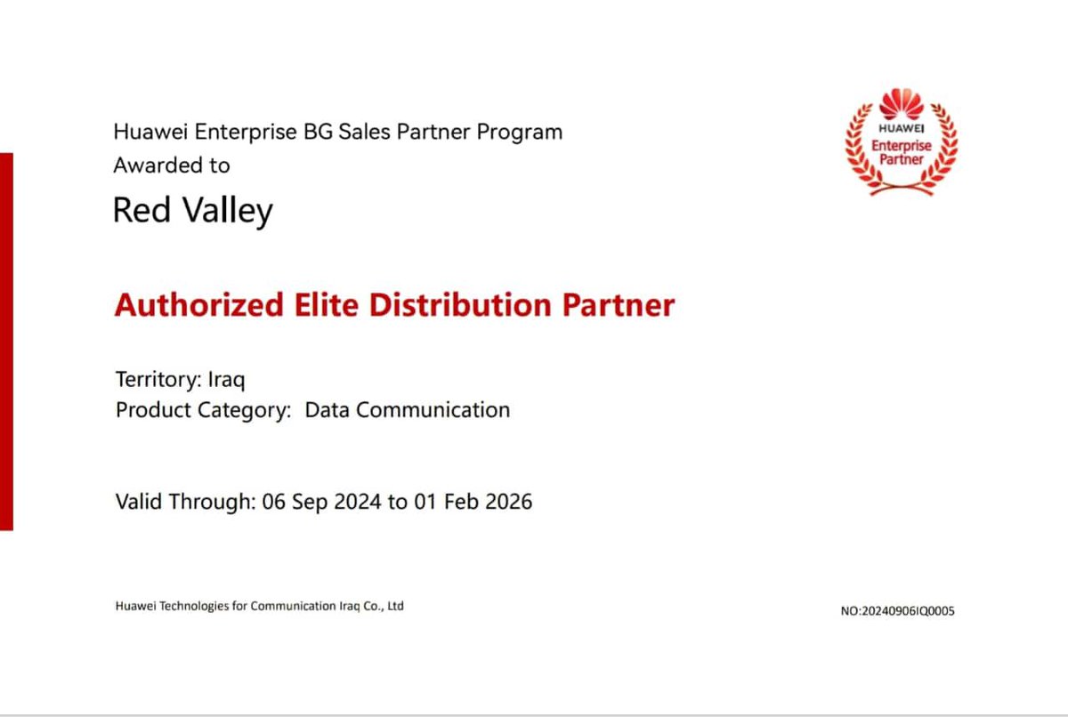 RedValleyKRD's tweet photo. Proud to share our accomplishments at Red Valley!

We’ve been recognized as Huawei’s Authorized Elite Distribution Partner in Iraq and received the Top Sales (Q2 &amp; Q3) Award, along with an Appreciation Award for exceptional performance with Huawei eKit products.

#HuaweiPartner https://t.co/1WRPEOpzaf