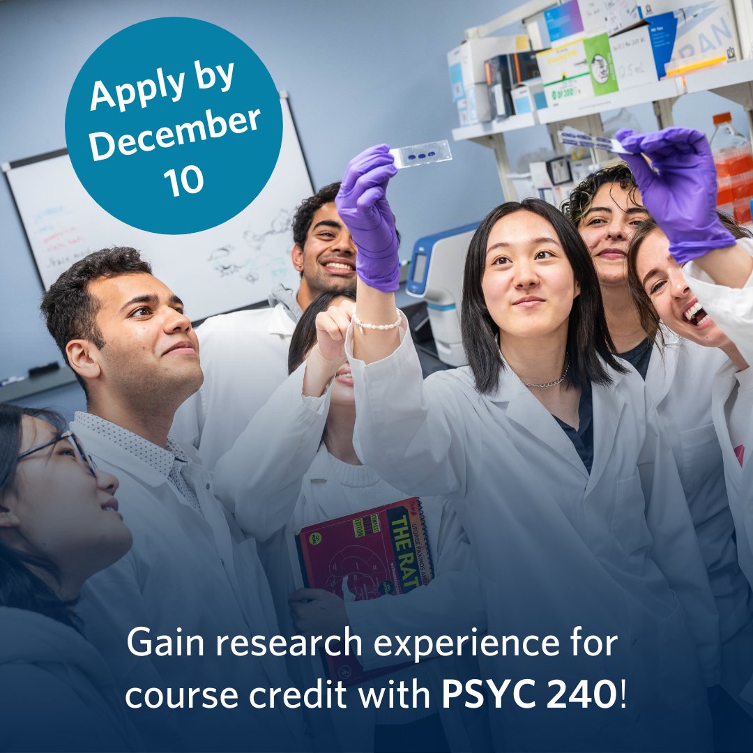 Psych undergrads! Want to gain research experience while gaining course credit? Apply for PSYC240 by Dec 10.

Learn more and apply: psych.ubc.ca/psyc240/