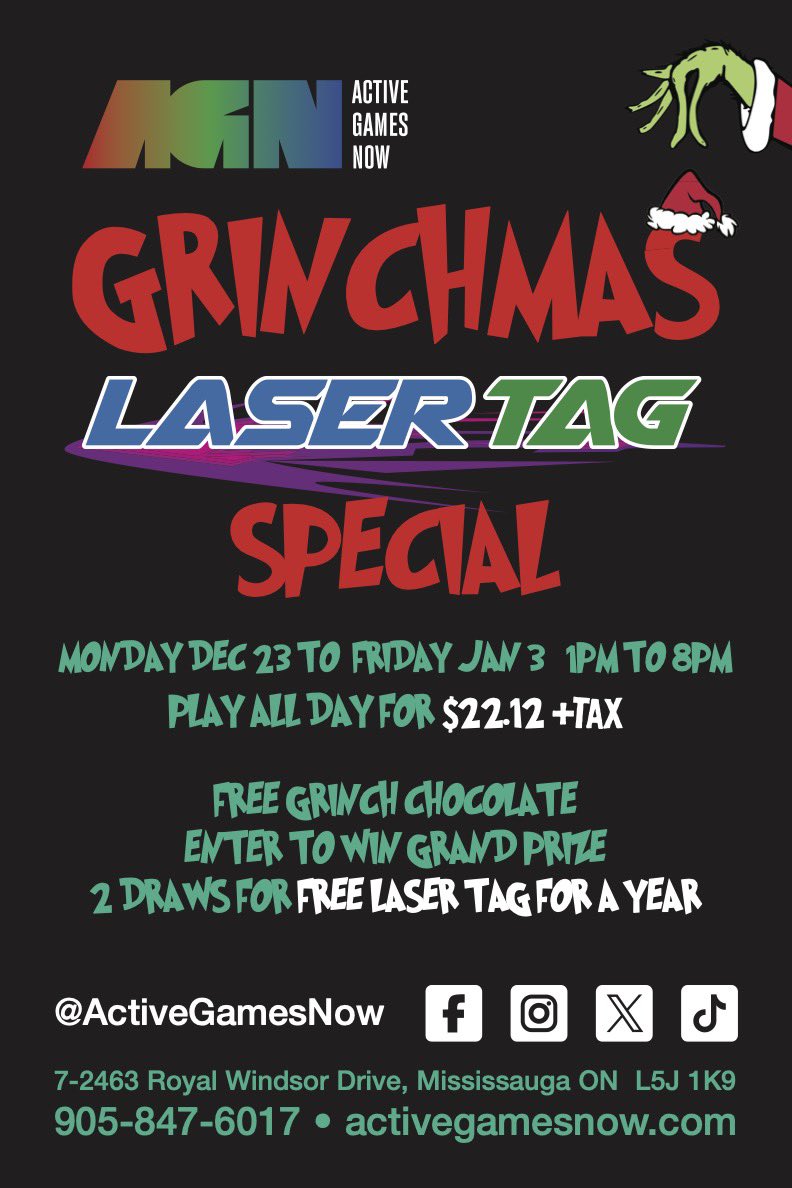 Don’t miss our GRINCHMAS SPECIAL! From Monday, December 23rd to Friday, January 3rd 1pm - 8pm PLAY ALL DAY for $22.12 plus tax! FREE Grinch chocolate, Enter to WIN a grand prize of FREE Laser Tag for a YEAR! (2 draws!) 

#LaserTag #ThingsToDo #Christmas #FamilyFun #Mississauga