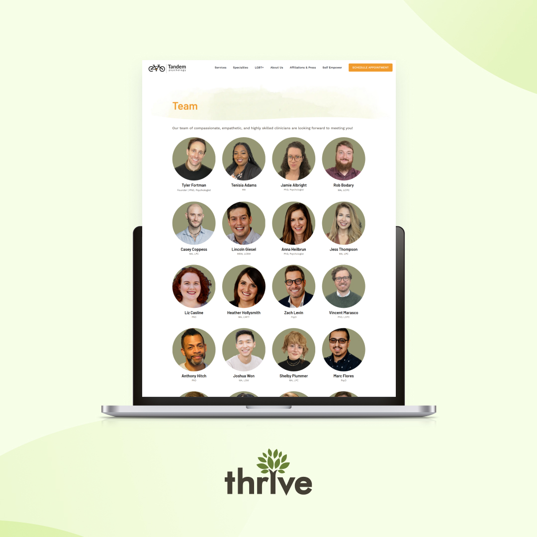 Tandem Psychology needed a modern and professional website that would also exude warmth and friendliness. The new site features engaging animated elements, creating a user experience that encourages visitors to make appointments. 
💻 bit.ly/3Ar1D5d