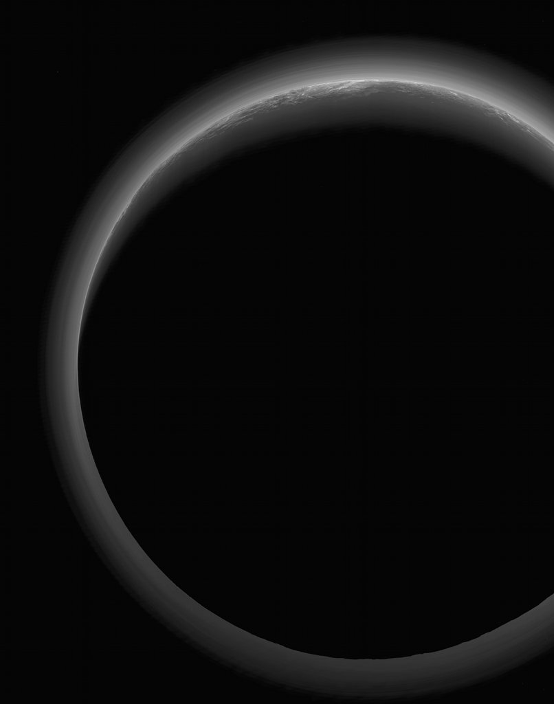 apod's tweet image. The night side of Pluto spans this shadowy scene. In the stunning spacebased perspective the Sun is 4.9 billion kilometers (almost 4.5 light-hours) behind the dim and distant world. It was captured by far flung New Horizons in July of 2015 when the spacecraft was at a range of