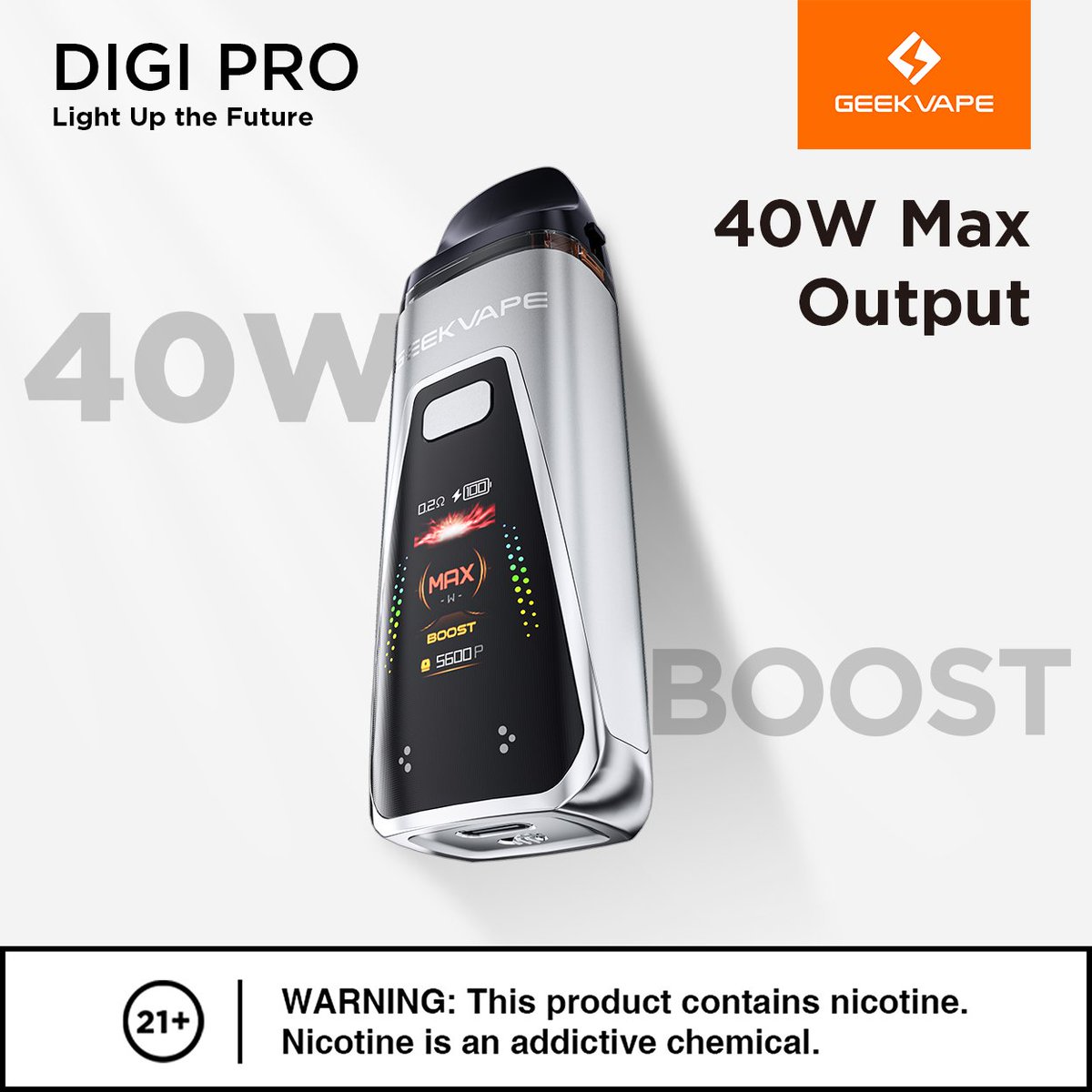 GeekvapeTech's tweet photo. Geekvape Digi Pro provides 40 watts max power output to satisfy most pod users, providing plenty of power for smooth, flavorful vapor 🌬️💨 #Geekvape #Geekvp #geekvape #geekvapedigipro #vapecommunity https://t.co/reUmIC5GNe