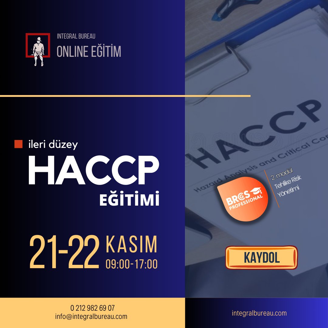 HACCP EĞİTİMİ ∎ İleri Düzey
📅21-22 Kasım 2024 🕘09:00 - 17:00 👩‍🏫Sanal Sınıf

Kayıt ve daha fazla bilgi için tüm iletişim kanallarımızdan bize ulaşabilirsiniz.

📧: info@integralbureau.com
WhatsApp: api.whatsapp.com/send/?phone=90… 
☎️: 0 212 982 6907
#haccp #integralbureau #haccpeğitimi