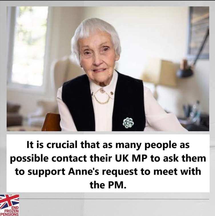 450,000 British pensioners suffer due to the UK's frozen pension scandal. 99 year old WW2 veteran Anne Puckridge will soon fly from Canada to London to try to meet with <a href="/Keir_Starmer/">Keir Starmer</a> to discuss this continuing discrimination.

It is crucial that as many people as possible contact