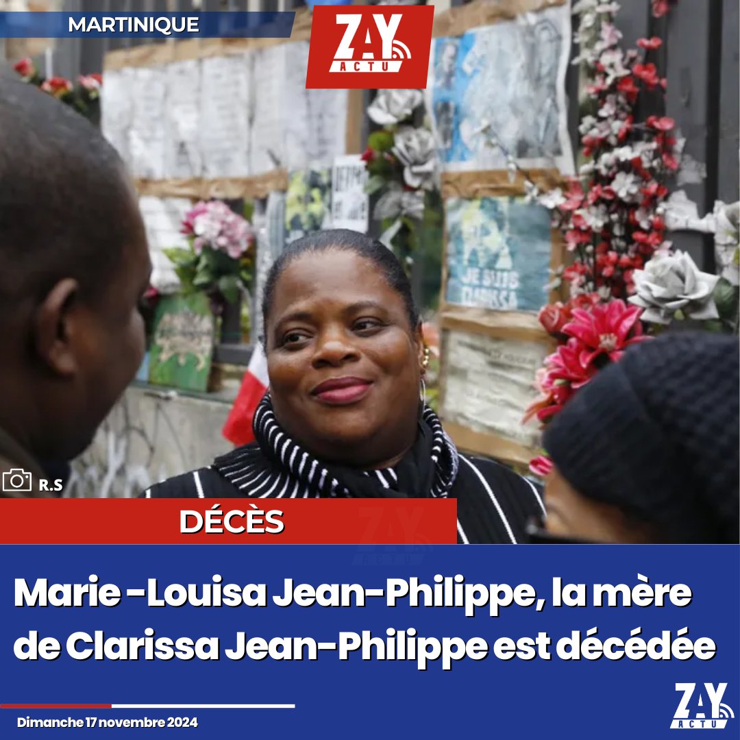 ZayActu's tweet photo. La mère de la policière municipale Clarissa Jean-Philippe, Marie-Louisa Jean-Philippe est décédée, ce dimanche 17 novembre 2024. Nous adressons nos plus sincères condoléances et nos pensées à la famille et aux proches. Pour rappel, le 8 janvier 2025 fera 10 ans que Clarissa Jean-Philippe a été lâchement assassinée.

https://t.co/X3qhqKD7uC