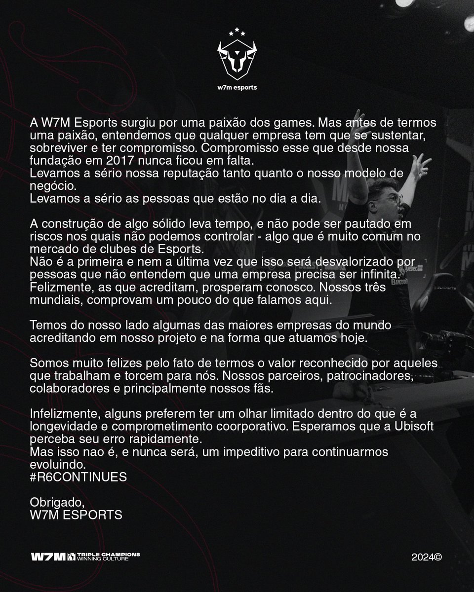 Nosso pronunciamento oficial sobre o R6 Share e as organizações beneficiadas pelo programa #GoBulls🤘

🇧🇷 A W7M Esports surgiu por uma paixão dos games. Mas antes de termos uma paixão, entendemos que qualquer empresa tem que se sustentar, sobreviver e ter compromisso. Compromisso