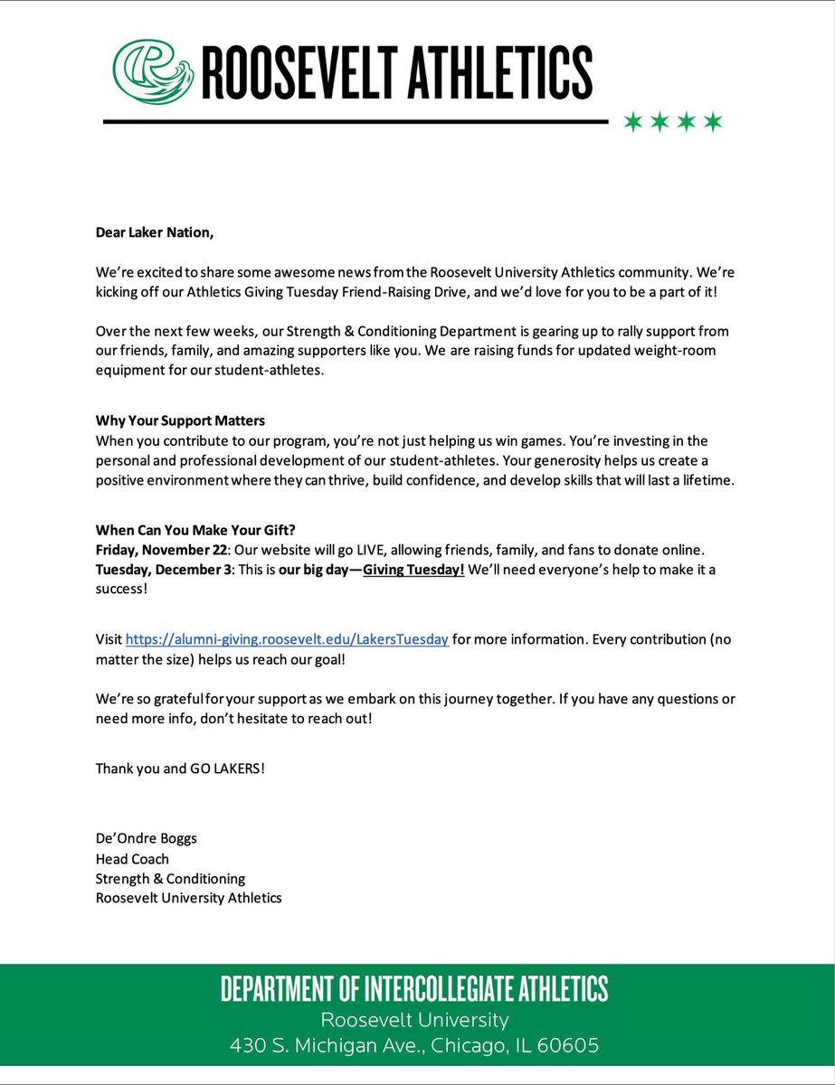 🚨 BIG NEWS 🚨 

We need YOU to join our team on Tuesday, December 3rd. Please help raise funds for our Strength &amp; Conditioning department here at Roosevelt University. 💪🏽💚

❗️ IT TAKES A TEAM TO WIN ❗️

#RideTheWave 🌊