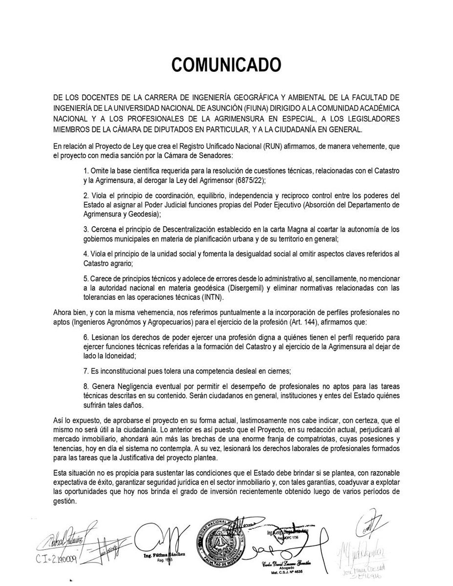 Contundente Comunicado de los Docentes de la Carrera Geográfica de la FIUNA, con respecto al Art. 144 del Proyecto RUN!!