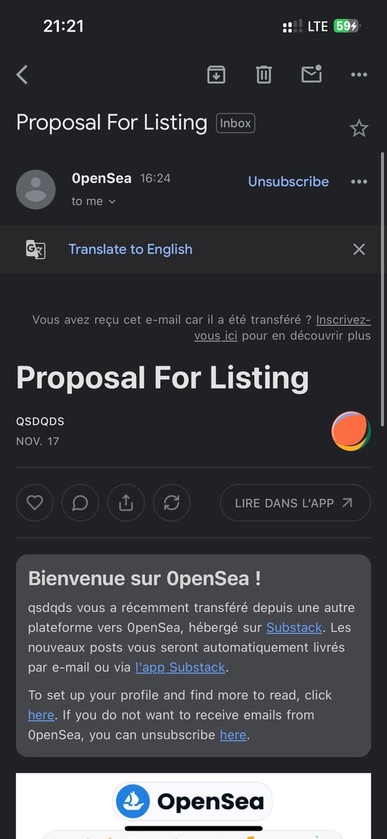 خطر اسکم‼️

( 1/2 )
الان داشتم جیمیلامو چک‌ میکردم که دیدم یدونه
جیمیل از سمت OpenSea اومده برام و نوشته که یه آفر روی NFT تو ثبت شده و یه دکمه Review هم اون زیر زده
سریع رفتم ک چک کنم ولی وقتی منتظر بودم سایت رو لود کنه…

#opensea - #NFT - #scam #اسکم