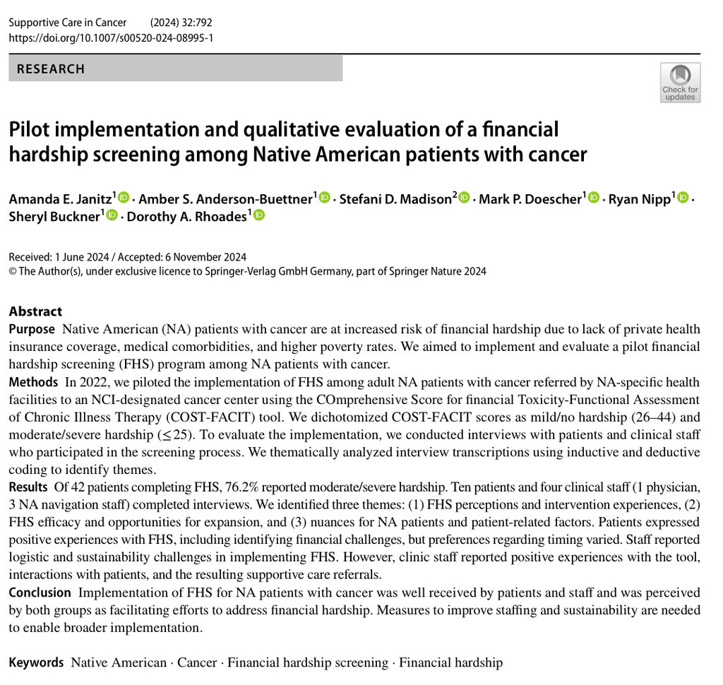 RyanNipp's tweet photo. Pilot implementation and qualitative evaluation of a financial hardship screening among Native American patients with #cancer.
https://t.co/M6ucyvSrEo
@CancerCareMASCC @MASCC_JSCC
@StephensonCC @ResearchOU @OUPublicHealth @OUCollegeofMed
#FinancialToxicity #SuppOnc #CostsOfCare https://t.co/qDGd1H28tw