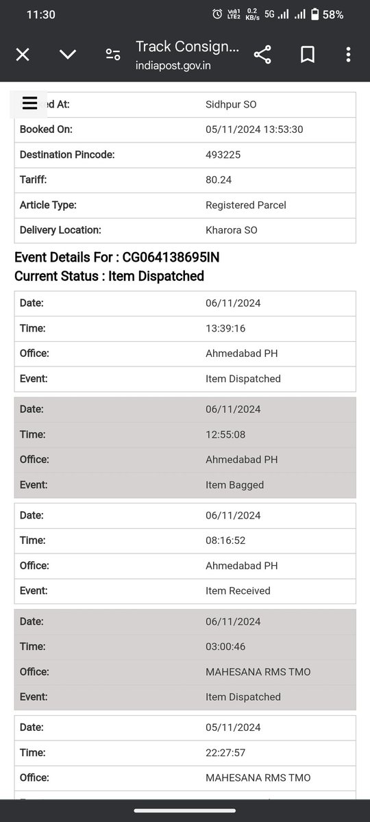 KrishManjo29350's tweet photo. Dear @IndiaPostOffice Article number    CG064138695IN was dispatched on 5th September and has still not been delivered. No updates since 6th November. https://t.co/7XC2qzoieV