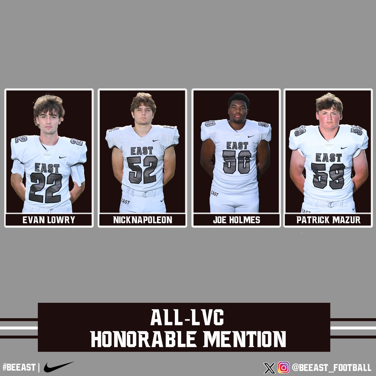 BeEast_Football's tweet image. Congrats to the following student-athletes that have received All-@LakesVC Honorable Mention recognition: 
RB/DB - Evan Lowry 
LB/OL - Nick Napoleon 
OL/DL - Joe Holmes 
OL/DL - Patrick Mazur 
#BeEAST | #WeAreOne